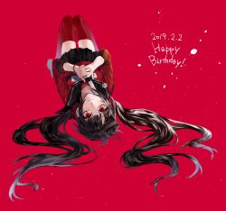 Rule 34 | 1girl, absurdres, black hair, blunt bangs, commentary request, danganronpa (series), danganronpa v3: killing harmony, dated, hair ornament, happy birthday, harukawa maki, highres, kureha221, long hair, looking at viewer, low twintails, lying, mole, mole under eye, on back, pleated skirt, red background, red eyes, red scrunchie, red shirt, red thighhighs, school uniform, scrunchie, serafuku, shirt, simple background, skirt, solo, thighhighs, twintails, very long hair