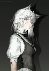 Rule 34 | 1girl, absurdres, alternate costume, animal ears, arknights, bow, commentary, enmaided, grey eyes, highres, lappland (arknights), lingear, looking at viewer, looking to the side, maid, pale skin, profile, puffy sleeves, shadow, signature, simple background, smile, solo, white hair, wolf ears