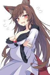 Rule 34 | 1girl, animal ears, breasts, brown hair, cleavage, commentary request, dress, e.o., highres, imaizumi kagerou, long hair, looking at viewer, medium breasts, open mouth, red eyes, saliva, solo, touhou, white dress, wolf ears, wolf girl