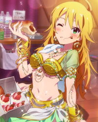 Rule 34 | 10s, 1girl, ahoge, artist request, blonde hair, chocolate cornet, earrings, eating, food, food on face, green eyes, harem outfit, harem pants, hoshii miki, idolmaster, idolmaster (classic), idolmaster million live!, jewelry, licking lips, long hair, lots of jewelry, midriff, navel, official art, one eye closed, pants, stomach, tongue, tongue out, wink