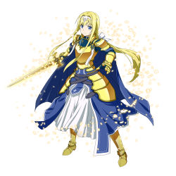 Rule 34 | 10s, 1girl, alice zuberg, armor, armored boots, armored dress, blonde hair, boots, floating hair, full body, gauntlets, hair ribbon, highres, holding, holding sword, holding weapon, long hair, ribbon, simple background, solo, standing, sword, sword art online, very long hair, weapon, white background, white ribbon