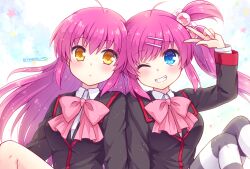 Rule 34 | 2girls, :d, ahoge, black jacket, blue eyes, blush, bow, breasts, closed mouth, commentary request, floating hair, frown, futaki kanata, grin, hair between eyes, hair bobbles, hair ornament, hairclip, heads together, jacket, kousetsu, little busters!, long hair, long sleeves, looking at viewer, medium breasts, multiple girls, one eye closed, one side up, open mouth, pink bow, purple hair, saigusa haruka, school uniform, siblings, side-by-side, side ponytail, sisters, sitting, smile, straight-on, striped clothes, striped thighhighs, thighhighs, twins, twitter username, v, very long hair, yellow eyes