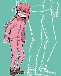 Rule 34 | 1girl, bags under eyes, blue eyes, bocchi the rock!, brown footwear, commentary request, constricted pupils, full body, gotoh hitori, green background, jacket, loafers, long hair, long sleeves, one side up, ononaka akihiro, pants, pink hair, pink jacket, pink pants, pink track suit, shaded face, shoes, simple background, sleeves past wrists, solo, standing, track jacket