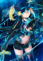 Rule 34 | 1girl, ahoge, artoria pendragon (all), artoria pendragon (fate), baseball cap, black thighhighs, blonde hair, blue eyes, blue scarf, bodysuit, bunbun, cityscape, cleavage cutout, clothing cutout, excalibur (fate/stay night), fate/grand order, fate (series), fingerless gloves, gloves, glowing, hat, midriff, mysterious heroine x (fate), mysterious heroine x (third ascension) (fate), navel, night, official art, open fly, outdoors, ponytail, resized, rojiura satsuki : chapter heroine sanctuary, saber (fate), scarf, short shorts, shorts, smile, solo, thighhighs, unzipped, upscaled