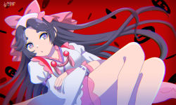 Rule 34 | 1girl, azuma kei, azuma sara, black hair, bow, crossed arms, dress, hair bow, long sleeves, looking at viewer, parted bangs, pink bow, purple eyes, red background, sarazanmai, sitting, solo, thick eyebrows