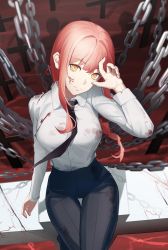 Rule 34 | absurdres, black pants, blood, blood on clothes, blood on face, braid, braided ponytail, breasts, chain, chainsaw man, closed mouth, collared shirt, cross, from above, graveyard, hand up, highres, long sleeves, looking at viewer, makima (chainsaw man), medium breasts, pants, piao miao, red hair, shirt, sitting, smile, torn clothes, white shirt