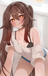 Rule 34 | 1girl, :q, blue shorts, blurry, blurry background, blush, breasts, brown hair, cleavage, commentary request, commission, flower-shaped pupils, genshin impact, gya (144), hair between eyes, highres, hu tao (genshin impact), indoors, long hair, looking at viewer, pixiv commission, red eyes, shirt, shorts, small breasts, solo, symbol-shaped pupils, thighs, tongue, tongue out, twintails, very long hair, white shirt