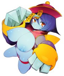 Rule 34 | 1girl, absurdres, blue hair, blue skin, blush stickers, boots, breasts, cleavage, colored skin, detached sleeves, from above, hair between eyes, hat, high heel boots, high heels, highres, huge breasts, jiangshi, lei lei, nipples, nude, ofuda, ofuda on head, open mouth, qingdai guanmao, short hair, simple background, slugbox, solo, vampire (game), white background