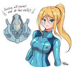 1girl alien arms_at_sides blonde_hair blue_bodysuit blue_eyes bodysuit breasts collarbone covered_navel english_text expressionless eyelashes female_focus hair_between_eyes high_ponytail large_breasts long_hair looking_at_viewer metroid metroid_prime_3:_corruption mole mole_under_mouth neck nintendo ponytail print_bodysuit rundas samus_aran sidelocks simple_background skin_tight swept_bangs turtleneck turtleneck_bodysuit upper_body wakaba_(wata_ridley) white_background zero_suit