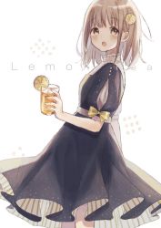 Rule 34 | 1girl, :o, arm at side, arm up, black dress, blush, brown eyes, brown hair, commentary, cowboy shot, cup, dress, drinking glass, english text, food, food-themed hair ornament, from side, fruit, hair ornament, high collar, holding, holding cup, iced tea, lemon, lemon hair ornament, lemon slice, looking at viewer, original, puffy short sleeves, puffy sleeves, shano-pirika, short hair, short sleeves, simple background, solo, standing, two-sided dress, two-sided fabric, white background