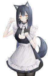 Rule 34 | 0 (znanimo), 1girl, alternate costume, animal ears, arknights, black dress, black hair, black pantyhose, breasts, cat cutout, cleavage, closed mouth, clothing cutout, collar, cowboy shot, dress, enmaided, face filter, fake whiskers, highres, long hair, looking at viewer, maid, medium breasts, necktie, orange eyes, pantyhose, paw pose, sleeveless, sleeveless dress, solo, tail, texas (arknights), very long hair, white necktie, wolf ears, wolf girl, wolf tail