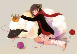 Rule 34 | 1girl, barefoot, black sweater, blunt bangs, brown hair, closed mouth, commentary request, crown, feet, full body, grey background, horns, long sleeves, looking at viewer, loose socks, nakamura hinata, original, pleated skirt, red scarf, scarf, sheep, sheep horns, short hair, simple background, skirt, smile, socks, solo, sweater, toes, white socks, yarn, yarn ball