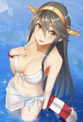 Rule 34 | 10s, 1girl, alternate costume, armband, bad id, bad pixiv id, bikini, bikini skirt, breasts, brown eyes, cleavage, from above, grey hair, hair between eyes, hair ornament, hairclip, halterneck, hand on own chest, haruna (kancolle), headgear, highres, kantai collection, large breasts, long hair, looking at viewer, looking up, navel, pallad, partially submerged, solo, strap gap, swimsuit, wading, water, white bikini