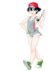 Rule 34 | 1boy, absurdres, androgynous, ash ketchum, bad id, bad pixiv id, bare arms, bare legs, baseball cap, black hair, bulge, collarbone, cosplay, creatures (company), crossdressing, cutoffs, full body, game freak, green eyes, grey overalls, hair between eyes, hand on own hip, hat, hermit tanuki, highres, holding, holding ladle, ladle, looking at viewer, male focus, mallow (pokemon), mallow (pokemon) (cosplay), nintendo, omiiverse, open mouth, overall shorts, overalls, pokemon, pokemon (anime), pokemon sm, pokemon sm (anime), purple eyes, seductive smile, short hair, simple background, smile, solo, swept bangs, trap, walking, white background