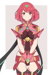 Rule 34 | 1girl, absurdres, armor, black leotard, blush, breasts, chest jewel, covered navel, cowboy shot, fingerless gloves, gloves, highleg, highleg panties, highres, large breasts, leotard, looking at viewer, panties, pyra (xenoblade), red eyes, red hair, red panties, red shorts, ryochan96154, short hair, shorts, simple background, smile, solo, tiara, underwear, xenoblade chronicles (series), xenoblade chronicles 2