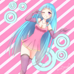 Rule 34 | 1girl, blue hair, breasts, cleavage, elbow gloves, gloves, long hair, me!me!me!, meme (me!me!me!), solo, striped, striped background, thighhighs, tongue, tongue out, wink
