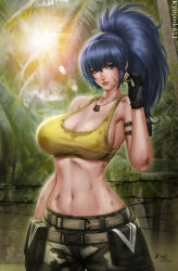 Rule 34 | 1girl, bare shoulders, breasts, camouflage, camouflage pants, cargo pants, cleavage, collarbone, crop top, dirt, dirty, dirty clothes, dirty face, dog tags, earrings, highres, jewelry, kyopink, leona heidern, midriff, navel, pants, snk, solo, sweat, tank top, the king of fighters, the king of fighters xiv, the king of fighters xv, toned, triangle earrings, yellow tank top