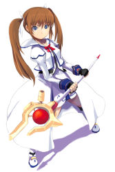 Rule 34 | 00s, 1girl, bow, fingerless gloves, gloves, lyrical nanoha, magazine (weapon), magical girl, mahou shoujo lyrical nanoha, mahou shoujo lyrical nanoha strikers, obscur, purple eyes, raising heart, red bow, red hair, solo, takamachi nanoha, takamachi nanoha (aggressor mode), twintails, waist cape
