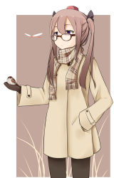 Rule 34 | 1girl, alternate costume, bad id, bad pixiv id, bespectacled, bird, bird on hand, black pantyhose, brown hair, bug, casual, coat, contemporary, dragonfly, female focus, glasses, hand in pocket, hat, highres, himekaidou hatate, insect, kuroi mizore, mittens, pantyhose, plaid, plaid scarf, purple eyes, scarf, solo, tokin hat, touhou, twintails