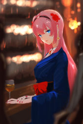 Rule 34 | 1girl, blue eyes, blue kimono, blurry, blurry background, blurry foreground, bow, closed mouth, cocktail glass, cohi27151463, cup, drinking glass, earrings, hair between eyes, highres, hololive, indoors, japanese clothes, jewelry, kimono, long hair, nail polish, obi, pink hair, red bow, red lips, red nails, sash, smile, solo, takane lui, takane lui (new year), very long hair, virtual youtuber