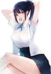Rule 34 | 1girl, absurdres, arms behind head, arms up, black hair, black skirt, blue eyes, bow, bowtie, breasts, collared shirt, crossed legs, hair tie in mouth, high-waist skirt, highres, large breasts, long hair, looking at viewer, mouth hold, open clothes, open shirt, original, pleated skirt, ponytail, shirt, shirt tucked in, short sleeves, simple background, sitting, skirt, solo, thighs, undershirt, white background, white shirt, yuna (deadawon)