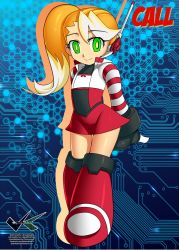Rule 34 | 1girl, arms behind back, blonde hair, boots, call (mighty no. 9), call e, call f, flat chest, fringe trim, fusion, green eyes, headset, jadenkaiba, knee boots, mighty no. 9, multicolored hair, robot, side ponytail, skirt, smile, solo, striped, striped sleeves, two-tone hair, white hair