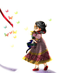 Rule 34 | 1girl, bad id, bad pixiv id, bayonetta (series), bayonetta 1, black hair, blush, braid, bug, butterfly, cereza, child, dress, full body, glasses, hair ribbon, halogen heater, holding, insect, long hair, nika (intention), ribbon, shadow, shoes, simple background, solo, stuffed toy