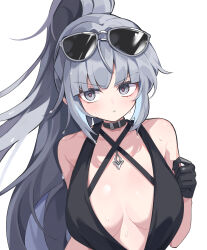 Rule 34 | 1girl, absurdres, bare shoulders, black choker, black dress, black gloves, black survival, choker, dress, eternal return: black survival, gloves, grey eyes, grey hair, heize (singer), highres, ponytail, simple background, solo, wang0424, white background