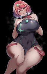 Rule 34 | 1girl, absurdres, black one-piece swimsuit, breasts, chest jewel, competition swimsuit, headpiece, highres, large breasts, one-piece swimsuit, pyra (pro swimmer) (xenoblade), pyra (xenoblade), red eyes, red hair, red one-piece swimsuit, ryouten9, short hair, solo, strapless, strapless one-piece swimsuit, swept bangs, swimsuit, tiara, two-tone swimsuit, xenoblade chronicles (series), xenoblade chronicles 2