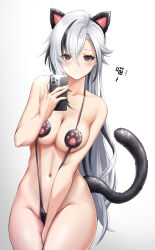 Rule 34 | 1girl, absurdres, animal ear hairband, animal ears, arlecchino (genshin impact), bare arms, bare shoulders, black hair, black hairband, breasts, cat ears, cat tail, cellphone, commentary request, cowboy shot, earrings, fake animal ears, fake tail, genshin impact, grey background, groin, hairband, highres, holding, holding phone, jewelry, long hair, looking at viewer, medium breasts, multicolored hair, phone, royboy, smartphone, solo, standing, streaked hair, tail, thighs, very long hair, white hair