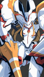 Rule 34 | 10s, 1girl, absurdres, breasts, closed mouth, darling in the franxx, facing away, frown, grey background, highres, holding, holding weapon, horns, humanoid robot, lance, legs apart, lips, looking at viewer, mecha, medium breasts, orange eyes, park bandi, pink lips, polearm, robot, simple background, single horn, solo, spear, standing, strelizia, weapon