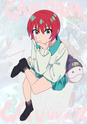 1girl absurdres amate_yuzuriha aqua_eyes aqua_skirt closed_mouth gquuuuuux green_eyes gundam gundam_gquuuuuux haro hat highres holding kosuda long_sleeves looking_at_viewer mecha mobile_suit necktie red_hair robot school_uniform science_fiction shirt short_hair skirt sweater v-fin