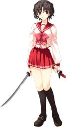 Rule 34 | 1girl, black legwear, bow, bowtie, brown eyes, brown hair, detached sleeves, full body, highres, holding, holding weapon, mitsumi misato, pleated skirt, school uniform, serafuku, shoes, short hair, skirt, smile, solo, standing, sword, to heart (series), to heart 2, to heart 2 dungeon travelers, transparent background, wavy hair, weapon, yuzuhara haruka