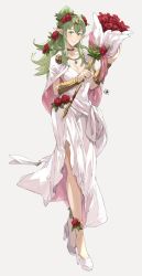 Rule 34 | 1girl, alternate costume, blush, breasts, cleavage, closed mouth, dress, fire emblem, fire emblem awakening, fire emblem heroes, flower, full body, gift, green eyes, green hair, hair ornament, happy valentine, high heels, highres, holding, legs, long hair, looking at viewer, nintendo, pointy ears, ponytail, portrait, red flower, red rose, ribbon, rose, sakuremi, simple background, smile, solo, tiki (adult) (fire emblem), tiki (fire emblem), valentine, white background