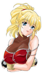 Rule 34 | 1girl, banpresto, blonde hair, blue eyes, breast rest, breasts, cleavage, crossed arms, excellen browning, eyebrows, fingerless gloves, gloves, large breasts, lowres, open mouth, ponytail, solo, super robot wars