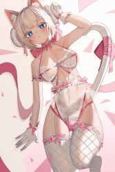 Rule 34 | 1girl, absurdres, animal ears, arm garter, arm up, armpits, bare shoulders, blue eyes, breasts, breasts apart, bright pupils, cat ears, cat girl, cat tail, choker, collarbone, commission, covered navel, double bun, fishnet thighhighs, fishnets, frilled choker, frills, gimseol, gloves, hair bun, halter leotard, halterneck, highleg, highleg leotard, highres, large breasts, leg up, leotard, looking at viewer, original, parted lips, ribbon, short hair, solo, strap gap, strapless, strapless leotard, tail, tail ornament, tail ribbon, thighhighs, thighs, white gloves, white hair, white leotard, white thighhighs