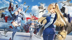 Rule 34 | 3girls, :d, ahoge, arm up, ass, azur lane, bird, black panties, blonde hair, blue hair, blue sky, blue thighhighs, blurry, blurry foreground, breasts, cleavage, cleveland (azur lane), cleveland (gentry knight) (azur lane), cropped, day, depth of field, dog, dress, dutch angle, epaulettes, from behind, garter straps, glint, gloves, hair ribbon, hand in pocket, helena (azur lane), highres, large breasts, lighthouse, looking at viewer, looking back, medium breasts, midriff, multiple girls, navel, non-web source, official art, one side up, open mouth, panties, ponytail, red eyes, red hair, ribbon, rigging, shirt, short dress, siqi (miharuu), skirt, sky, smile, standing, standing on one leg, taut clothes, taut shirt, thighhighs, underwear, white gloves, white legwear, wichita (azur lane)