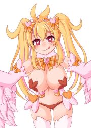 Rule 34 | 1girl, alternate hair color, alternate hairstyle, blonde hair, blush, breasts, feathered wings, feathers, gluteal fold, harpy, heart, heart-shaped pupils, highres, jubjub (monster girl encyclopedia), large breasts, licking lips, looking at viewer, lowleg, lowleg panties, monster girl, monster girl encyclopedia, multicolored hair, navel, panties, pink feathers, pink hair, pink thighhighs, pink wings, red eyes, simple background, solo, sora (sunday sky), streaked hair, symbol-shaped pupils, thighhighs, tongue, tongue out, twintails, underwear, white background, winged arms, wings