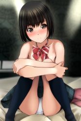 Rule 34 | absurdres, black hair, black skirt, black socks, blurry, blurry background, blush, bow, breasts, brown eyes, closed mouth, collarbone, depth of field, diagonal-striped bow, feet out of frame, highres, hugging own legs, knees together feet apart, knees up, looking at viewer, matsunaga kouyou, no shoes, nose blush, original, panties, plaid, plaid skirt, red bow, short hair, sitting, skindentation, skirt, small breasts, smile, socks, topless, underwear, white panties