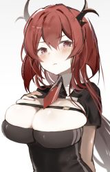 Rule 34 | 1girl, alternate costume, arknights, black shirt, blush, breasts, cleavage, commentary request, gradient background, grey background, hair between eyes, horns, large breasts, long hair, looking at viewer, otsumami (02mami), purple eyes, red hair, shirt, short sleeves, skindentation, solo, surtr (arknights), upper body, white background