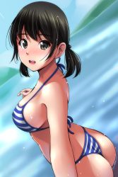 Rule 34 | 1girl, absurdres, ass, bare shoulders, bikini, black hair, blue bikini, blue sky, blurry, blurry background, blush, breasts, brown eyes, camera, clear sky, day, depth of field, dutch angle, fingernails, full-face blush, highres, hill, holding, large breasts, looking at viewer, matsunaga kouyou, ocean, open mouth, original, partially submerged, selfie, short twintails, sky, smile, solo, standing, striped bikini, striped clothes, sunlight, swimsuit, teeth, twintails, upper teeth only, wedgie, white bikini