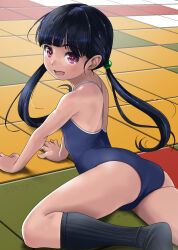 Rule 34 | 1girl, all fours, black hair, black socks, blue one-piece swimsuit, breasts, commentary request, competition school swimsuit, feet out of frame, highres, long hair, looking to the side, low twintails, one-piece swimsuit, original, red eyes, rohitsuka, school swimsuit, small breasts, socks, solo, swimsuit, tile floor, tiles, twintails