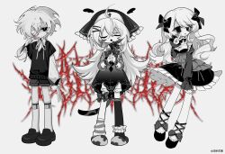Rule 34 | 1other, 2girls, :o, absurdres, ahoge, asymmetrical legwear, bandage over one eye, black dress, black eyes, blood, blood on face, bow, breasts, cleavage, closed eyes, colored skin, dress, frilled dress, frills, full body, hair bow, highres, long hair, medium breasts, meyou 0319, monochrome, multiple girls, multiple hair bows, nun, original, outline, slippers, standing, v, wavy hair, white hair, white outline, white skin