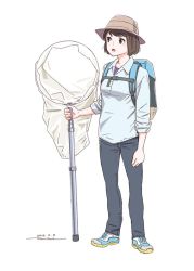 Rule 34 | 1girl, backpack, bag, brown eyes, brown hair, brown hat, collared shirt, copyright request, dated, full body, grey pants, grey shirt, hat, highres, holding, horikou, long sleeves, pants, parted lips, shirt, shoes, short hair, signature, simple background, solo, standing, white background, wing collar