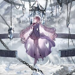 Rule 34 | 1girl, arcaea, boots, bow, chain, closed mouth, cloud, cloudy sky, day, dress, full body, gawako, hair bow, high heel boots, high heels, highres, hikari (arcaea), hill, ice, long hair, long sleeves, official art, outdoors, pink bow, pink dress, pink eyes, pink hair, sky, solo, standing, standing on one leg, thigh boots, twitter username, wavy hair, white footwear, wide sleeves