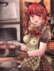 Rule 34 | 1girl, :d, alternate costume, animal ears, apron, bag, baking, bell, black ribbon, blush, bowl, braid, breasts, brown dress, cat ears, cat girl, checkered apron, checkered clothes, commentary request, cowboy shot, cupcake, dress, fang, food, grey ribbon, hair ribbon, heart, highres, holding, indoors, jar, jingle bell, kaenbyou rin, long hair, looking at viewer, medium breasts, neck ribbon, open mouth, oven, oven mitts, plaid, plaid dress, puffy short sleeves, puffy sleeves, red eyes, red hair, red ribbon, ribbon, short sleeves, skin fang, smile, solo, spatula, sweat, table, torottye, touhou, twin braids, valentine, wooden table