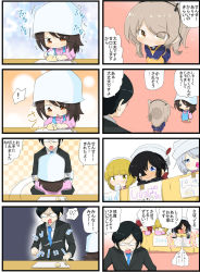 Rule 34 | !, !?, &gt; &lt;, 1boy, 4koma, 6+girls, aged down, apron, black-framed eyewear, black coat, black hair, black ribbon, black suit, blonde hair, blue apron, blue eyes, blue headwear, blue neckwear, blue shirt, blue skirt, blunt bangs, bow, brown eyes, brown hair, child&#039;s drawing, closed eyes, closed mouth, coat, comic, commentary request, cup, curly hair, cutlass (girls und panzer), dark skin, dixie cup hat, dress shirt, drinking glass, eyes visible through hair, flint (girls und panzer), formal, frown, girls und panzer, glasses, gloom (expression), hair bow, hair over one eye, hair ribbon, half-closed eye, hat, hat feather, highres, holding, holding spoon, indoors, jinguu (4839ms), kindergarten uniform, light brown hair, long hair, long sleeves, looking at another, maid headdress, mika (girls und panzer), military hat, motion blur, motion lines, multiple 4koma, multiple girls, necktie, notice lines, ogin (girls und panzer), one side up, opaque glasses, open mouth, orange apron, pink coat, pleated skirt, ponytail, rectangular eyewear, red bow, red hair, ribbon, rum (girls und panzer), shimada arisu, shirt, short hair, silver hair, sitting, skirt, sleeves past fingers, sleeves past wrists, smile, spoken exclamation mark, spoken interrobang, spoon, standing, suit, sweatdrop, table, translation request, trembling, tsuji renta, tulip hat, white headwear, white shirt, wing collar, yellow eyes, yellow skirt