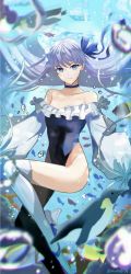 Rule 34 | 1girl, absurdres, animal, bird, blue choker, blue eyes, blue one-piece swimsuit, blue ribbon, bubble, choker, collarbone, commentary request, fate/grand order, fate (series), fish, floating hair, frilled one-piece swimsuit, frilled swimsuit, frills, hair ribbon, highleg, highleg swimsuit, highres, long hair, looking at viewer, meltryllis, meltryllis (fate), meltryllis (swimsuit lancer) (fate), meltryllis (swimsuit lancer) (second ascension) (fate), minoe08, off-shoulder one-piece swimsuit, off shoulder, one-piece swimsuit, penguin, prosthesis, prosthetic leg, purple hair, ribbon, smile, solo, swimsuit, thighs, twitter username, underwater, water, white sleeves