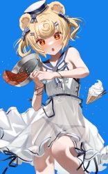 Rule 34 | 1girl, absurdres, animal ears, arknights, bare arms, bare shoulders, bear ears, blonde hair, blue background, blue bow, blush, bow, commentary request, dress, feet out of frame, food, frying pan, gummy (arknights), gummy (summer flowers) (arknights), hair bow, highres, holding, holding frying pan, ice cream, looking at viewer, ningen mame, official alternate costume, open mouth, orange eyes, short hair, simple background, sleeveless, sleeveless dress, solo, steak, white dress, white headwear