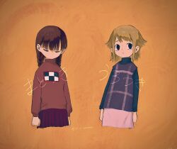 Rule 34 | 2girls, 8 31sammer, arms at sides, asymmetrical bangs, black eyes, blonde hair, blush, braid, brown hair, character name, clenched hands, closed eyes, closed mouth, commentary, cropped legs, dated, dot nose, expressionless, eyelashes, facing down, flipped hair, highres, layered sleeves, light frown, long hair, long sleeves, looking to the side, low twintails, madotsuki, medium bangs, medium hair, multiple girls, nose blush, orange background, parted lips, pink skirt, pink sweater, pleated skirt, print sweater, purple shirt, purple sweater, raised eyebrows, red skirt, shirt, short over long sleeves, short sleeves, sidelocks, signature, skirt, sweater, tareme, turtleneck, turtleneck sweater, twin braids, twintails, unusually open eyes, urotsuki, yume 2kki, yume nikki